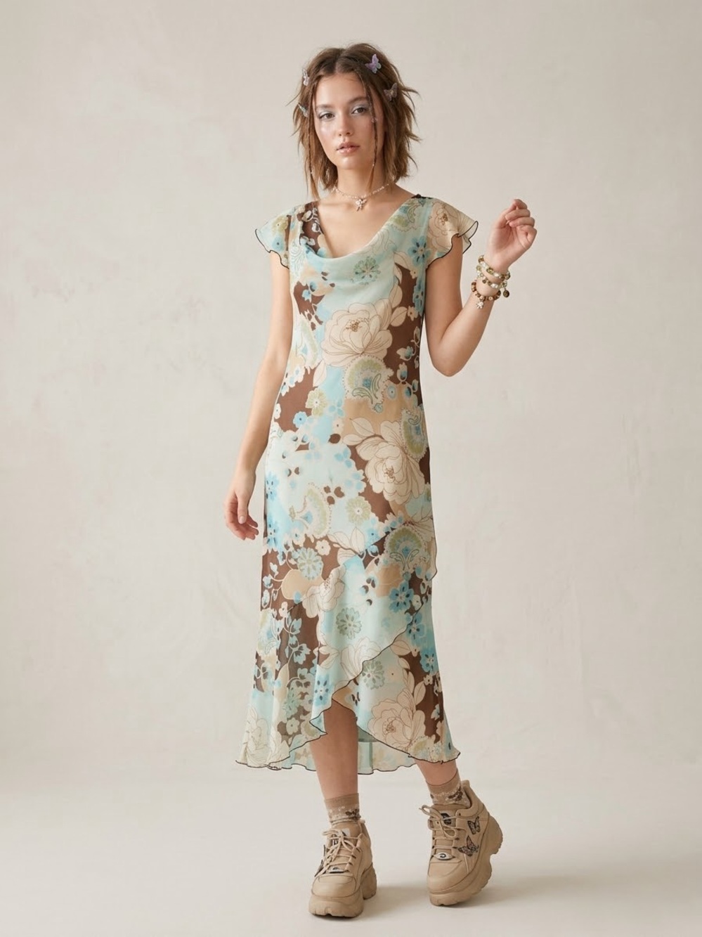 B. Smart Y2K Fairycore Floral Cowl Neck Ruffle Midi Dress Blue Brown 15/16